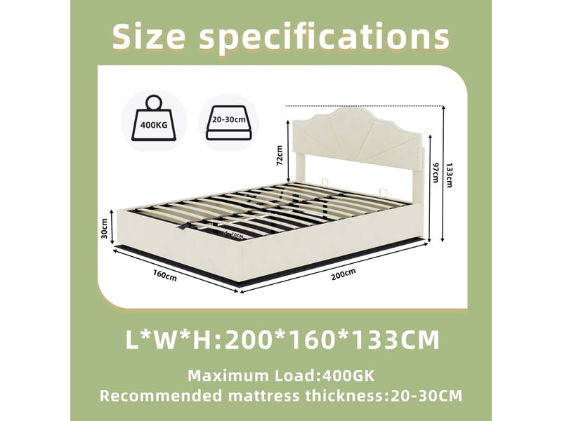  Lit coffre moderne minimaliste avec tête de lit rembourrée beige 160x200cm sommier coffre haut avec vérin hydraulique sans matelas  - Conforama C