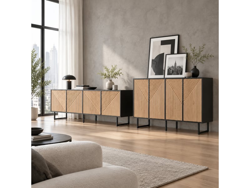 Lot de 2 meubles de salon : meuble tv et buffet 4 portes couleur bois naturel et noir  - Conforama B