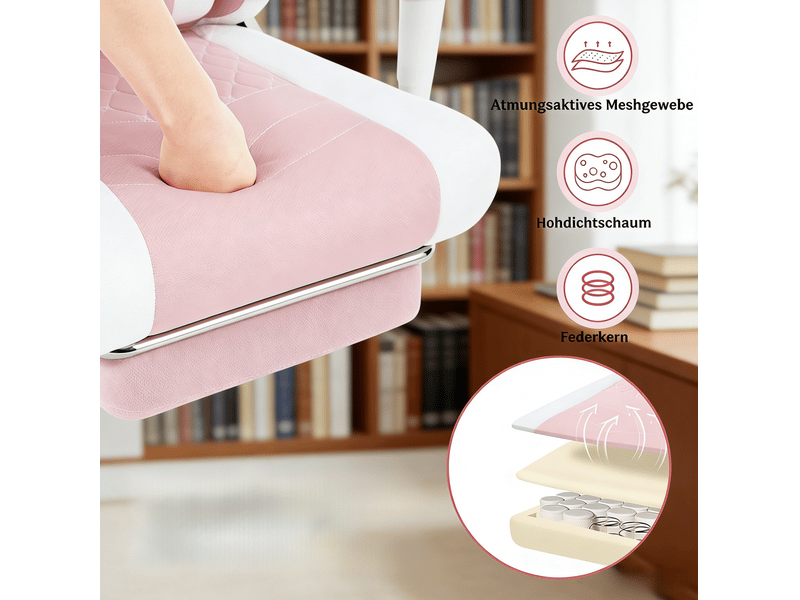  Chaise de bureau gaming rose et blanche avec massage usb, repose-pieds et dossier inclinable de 90° à 145°  - Conforama D