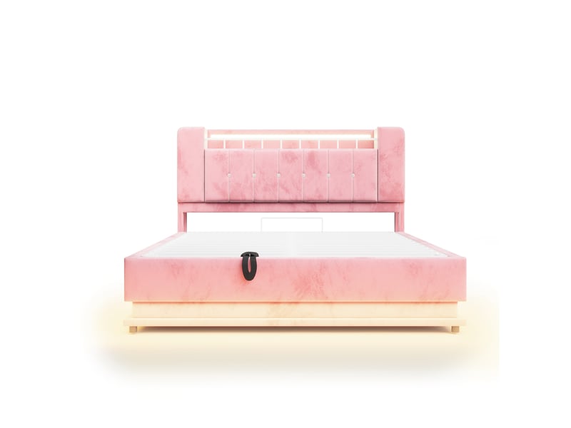  Lit double capitonné rembourré 160x200 cm en velours gris, coffre hydraulique, éclairage led, port usb, tête de lit capitonnée, sans matelas Luxe haut de gamme - Conforama A