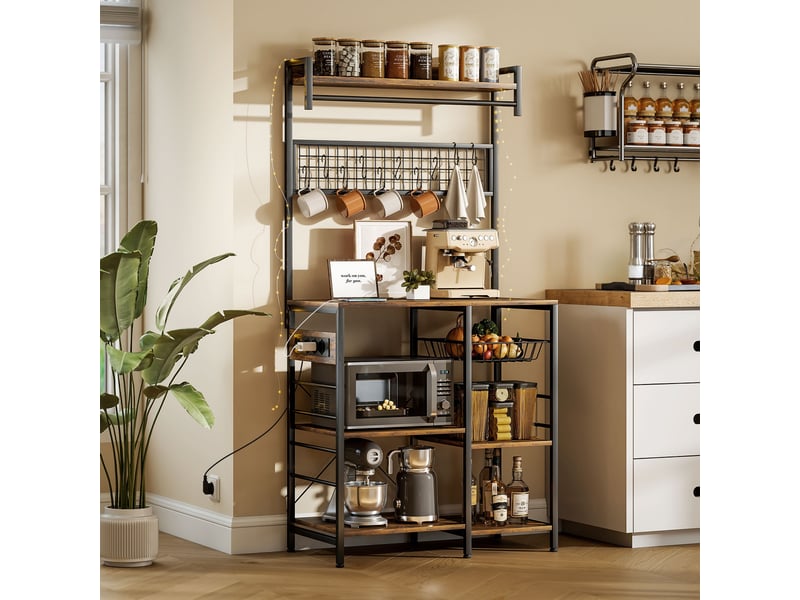  Étagère de cuisine avec trois prises, éclairage led industriel et étagères pour micro-ondes, 80 x 42 x 162 cm, marron rustique  - Conforama C