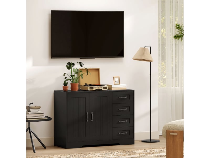 Meuble de cuisine muvano, buffet noir 4 tiroirs et 1 placard, étagère réglable, 105 × 40 × 76 cm  - Conforama D