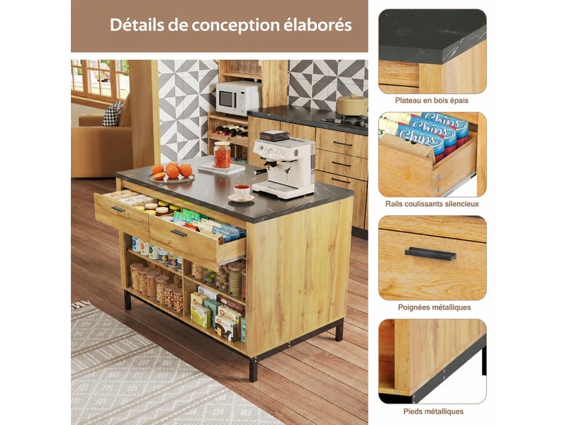  Îlot central de cuisine 120 x 75 x 90 cm, 2 tiroirs, 4 étagères et espace bar, noir et bois naturel  - Conforama C