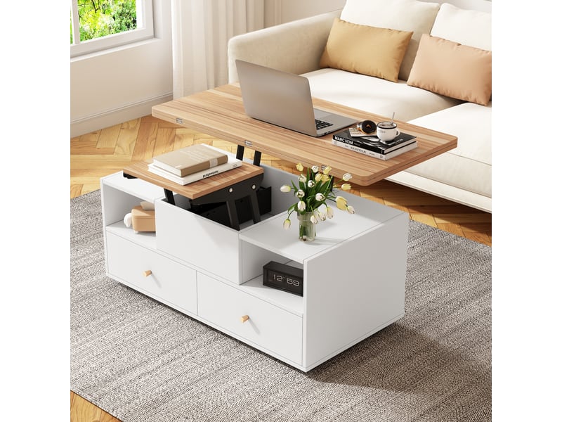  Table basse relevable et extensible en bois et blanc, table basse avec 4 tiroirs sur roulettes, 100x50x47.5cm  - Conforama C