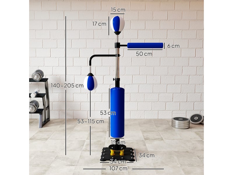  Support de boxe, deux speedballs, barre de frappe rotative, coussins de frappe, hauteur réglable, acier, 107 x 36 x 140-205 cm, bleu  - Conforama E