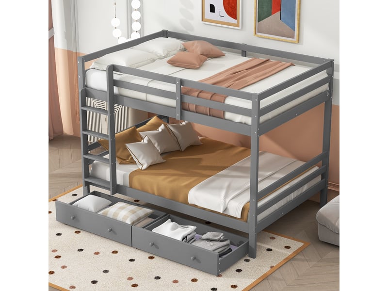  Lit superposés 140×200 cm avec tiroirs et barrières hautes, lit enfant avec espace de rangement et échelle, lit 2 personnes en gris  - Conforama D
