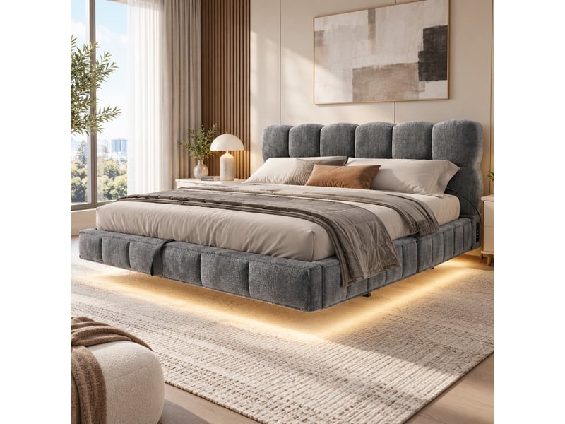 Lit double rembourré 140x200 cm effet suspendu, design nuage, rangement hydraulique, led, usbtype-c, chenille gris, sans matelas Fay Lum - Conforama B