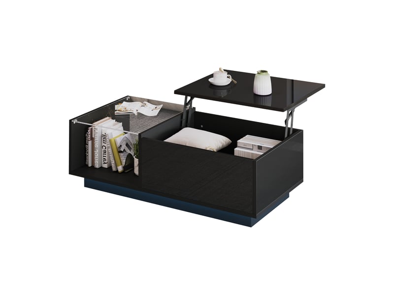  Table basse relevable noire avec led, table basse avec rangement caché et plateau en verre, 100x50 cm  - Conforama R