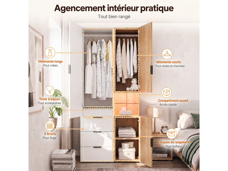  Armoire de chambre 90 x 49 x 200 cm avec éclairage led, tiroir à bijoux, 3 portes, 4 tiroirs et 2 tringles, blanc  - Conforama E