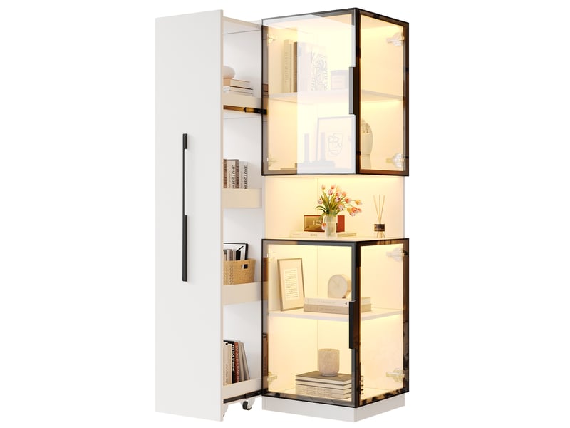  Vitrine armoire led 70x38x160cm meuble de rangement buffet haut avec éclairage led portes en verre étagère coulissante, blanc  - Conforama A