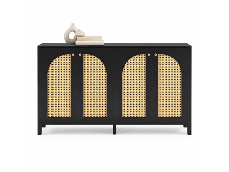  Buffet 4 portes en rotin synthétique avec étagères réglables et poignées métal pour salon en mdf noir  - Conforama A