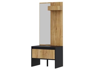 Vestiaire d'entrée avec banc à chaussures, miroir et 2 tiroirs, meuble d'entrée noir et bois 60x38x145 cm