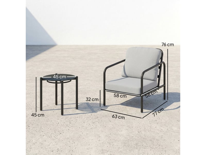  Ensemble bistro en acier 3 pièces avec 2 chaises à coussins épais et table basse avec plateau en verre trempé noir  - Conforama E