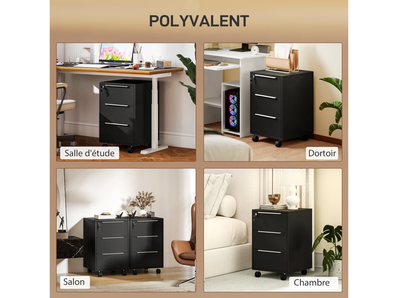  Caisson de bureau à roulettes avec 3 tiroirs et serrure, meuble rangement bureau sur roulettes, noir, 40 x 40 x 63,5 cm  - Conforama R