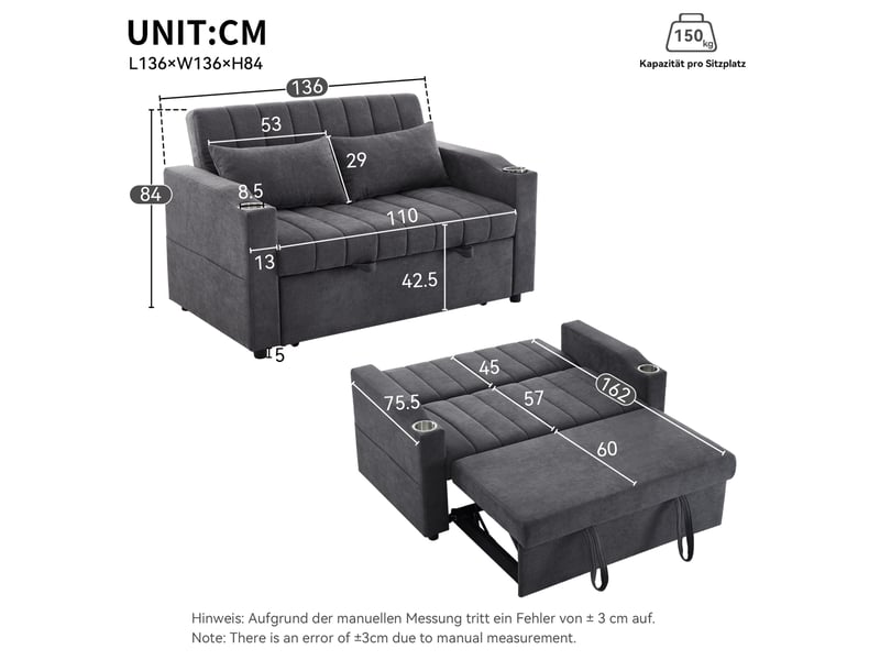  Canapé-lit 2 places 136 cm tissu coton-lin gris  - Conforama C