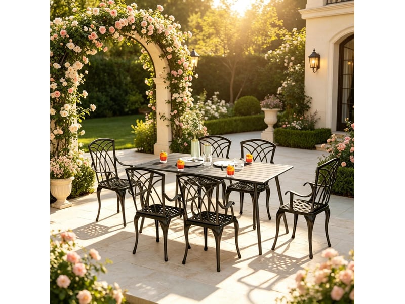 Table de jardin 150x80x74 cm grise en acier, 6 personnes avec plateau rainuré résistant aux intempéries - Conforama D