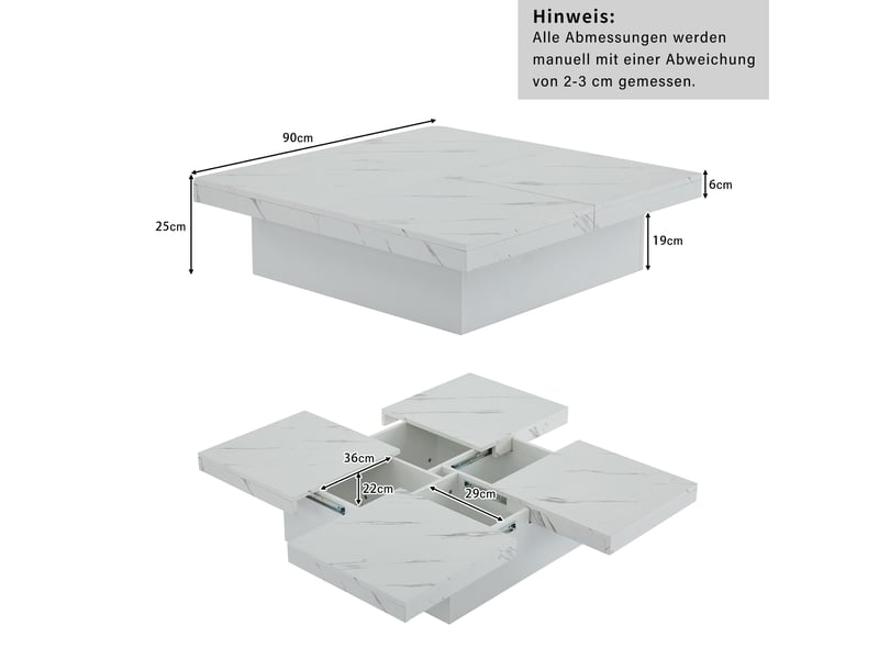  Table basse carrée avec 4 tiroirs et plateau coulissant, décor marbre, en panneau de particules, blanc - uvrion  - Conforama E
