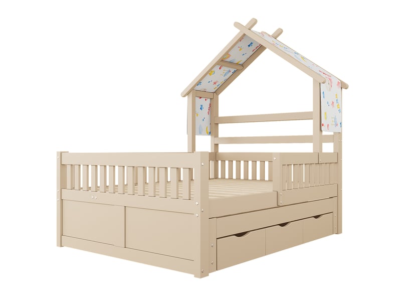  Lit cabane 140x200 cm avec lit gigogne, 3 tiroirs, mdf et pin, coloris crème  - Conforama D
