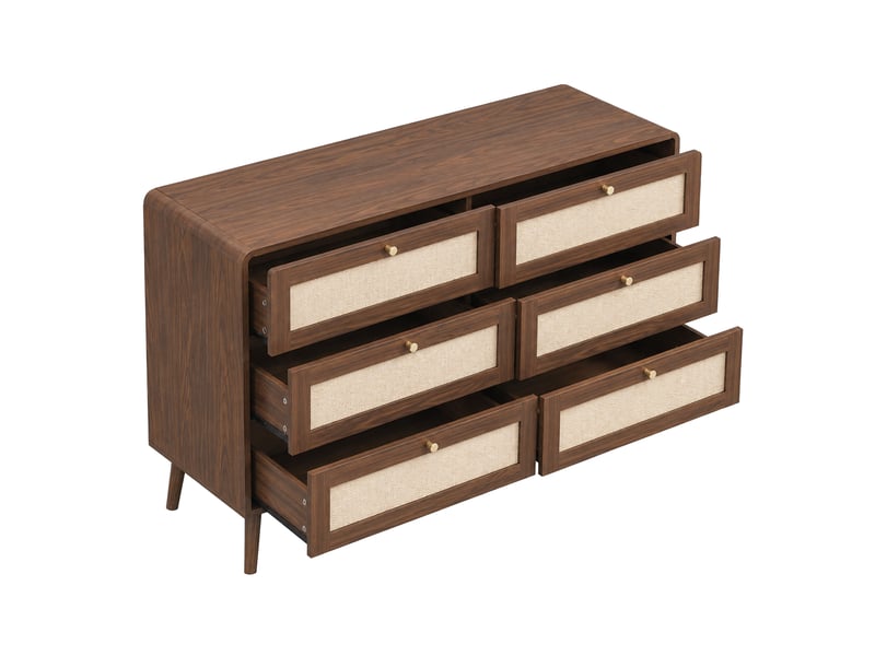  Commode 6 tiroirs de 120 cm de large, meuble d'appoint aux veinures alternées en rotin et noyer, coins arrondis et pieds surélevés, coloris noyer  - Conforama A