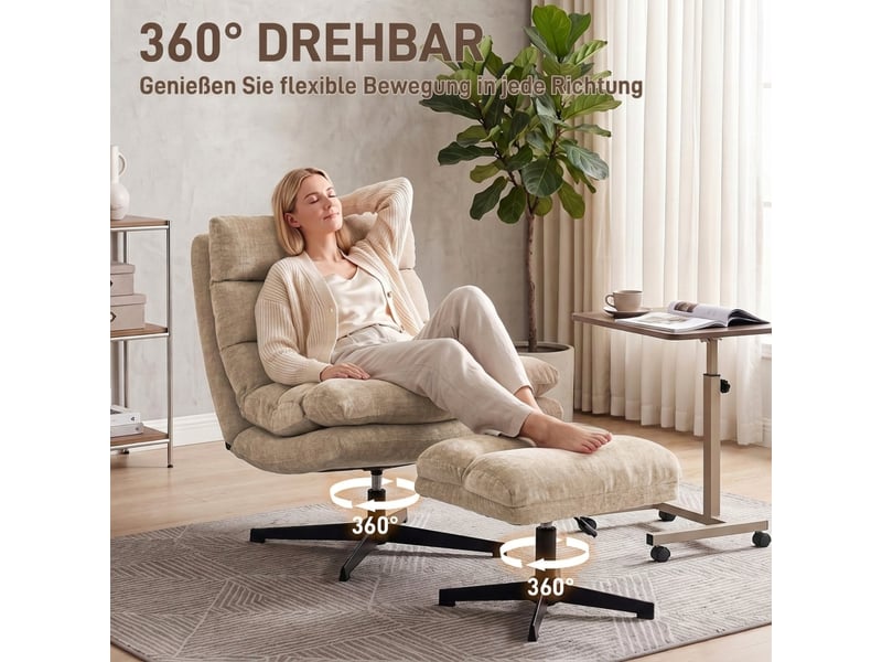 Fauteuil de salon - fauteuil lounge avec repose-pieds, fauteuil pivotant en chenille avec repose-pieds réglables en hauteur, brun - Conforama R