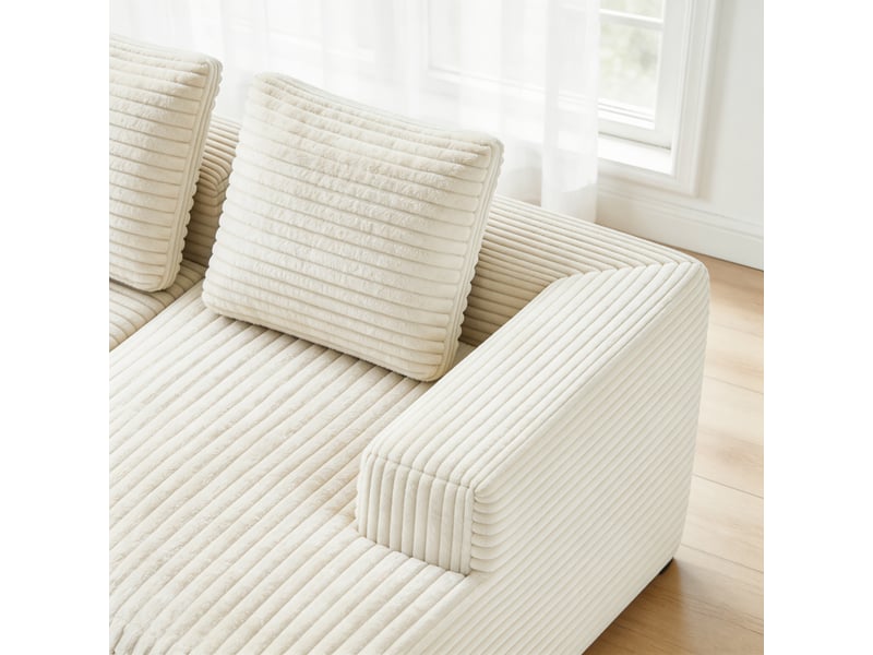  Canapé d’angle modulable 261 cm, méridienne droite, 3-4 places, canapé nuage sans cadre rigide, assise profonde, mousse et ressorts, velours côtelé, beige Morn Vibe - Conforama D