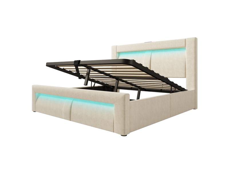 Lit coffre, lit double 160x200 cm, rangement hydraulique, led, usbusb-c, tête de lit incurvée, velours beige, matelas inclus - Conforama B