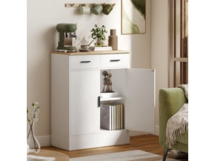 Buffet de rangement en bois naturel et blanc avec 2 tiroirs et étagère réglable, pour cuisine, salon ou entrée