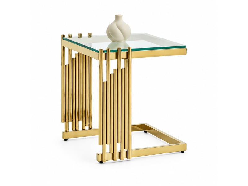  Table basse carrée, avec plateau en verre trempé et structure en acier inoxydable, finition miroir, salon  - Conforama A
