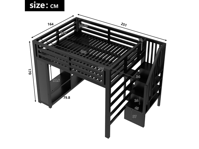 Lit mezzanine gaming en métal 160x200 cm, lit double led usb avec bureau, penderie ouverte, escalier rangement, noir  - Conforama C