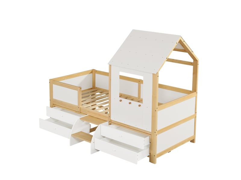 Lit enfant, lit mezzanine, lit cabane avec toit et fenêtre, barrière sur les quatre côtés, avec 4 tiroirs et petit escalier, pin + mdf + contreplaqué, blanc + naturel, 90 x 200 cm  - Conforama E