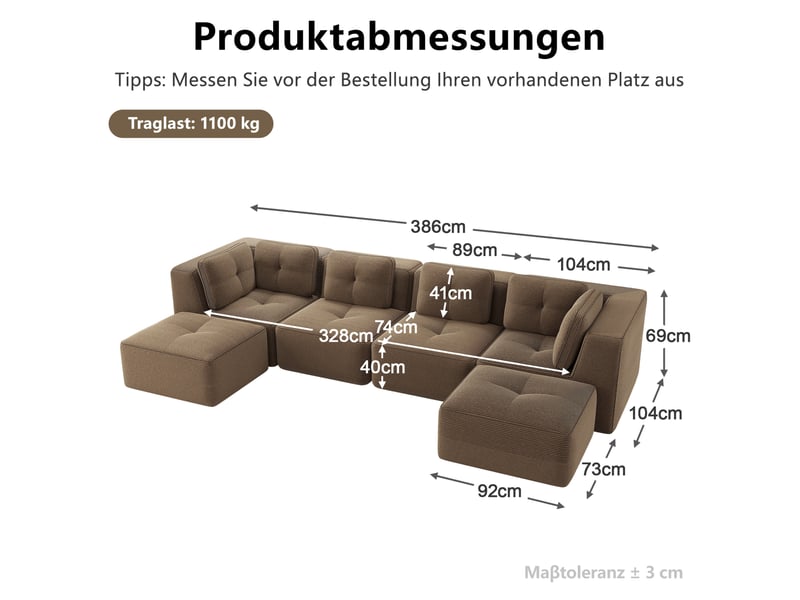  Canapé d'angle modulable ulevr en u 4 places, 386 x 177 cm, velours côtelé marron, sans montage  - Conforama C