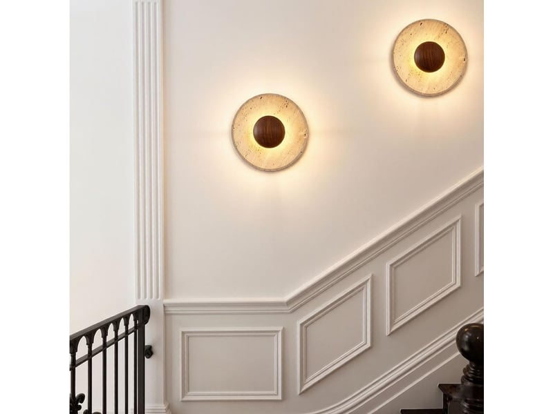  Applique murale en travertin style wabi-sabi lampe murale en travertin jaune naturel avec bois de noyer massif  - Conforama D