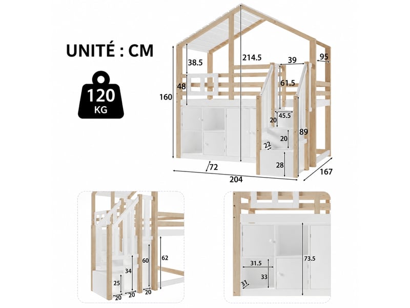 Lit mezzanine enfant 90 x 200 cm avec rangement, cabane avec fenêtre, escalier de rangement, blanc et bois naturel - Conforama C