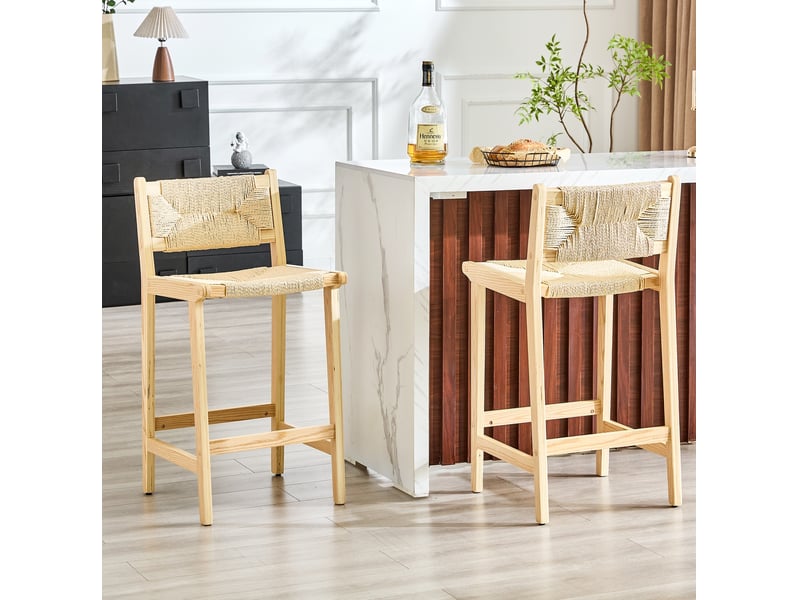  Tabouret de bar en bois avec dossier en corde tressée, style rustique, pour îlot de cuisine, brun naturel  - Conforama C