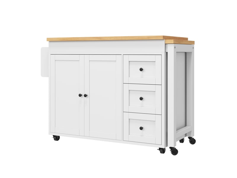  Îlot de cuisine 116 à 179,5 x 45 x 89 cm blanc, mdf et métal, 3 tiroirs et plateau extensible  - Conforama D