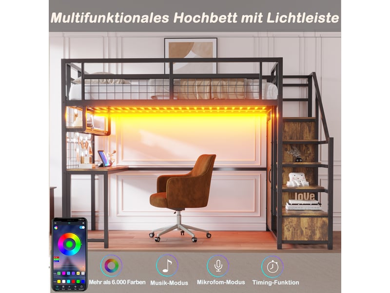  Lit mezzanine 140 x 200 cm, coloris noir, structure métal, coffre, table, led et prises intégrées.  - Conforama D