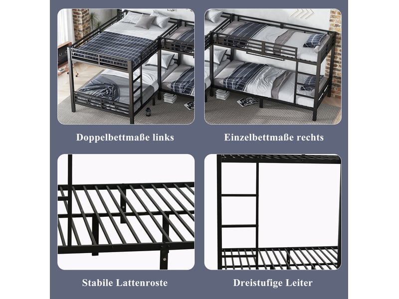  Lit superposé enfant 90x200 et 140x200 cm – noir – 4 couchages avec échelle 3 marches, sans matelas  - Conforama E