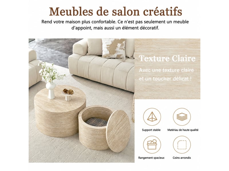  Lot de 2 tables basses gigognes rondes avec rangement, aspect bois naturel en mdf, table d'appoint pour salon, ø 62,8 cm et 44 cm  - Conforama W