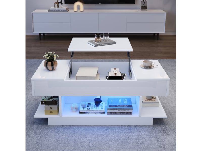  Table basse relevable 98 x 45 cm avec led, rangements et plateau blanc  - Conforama D