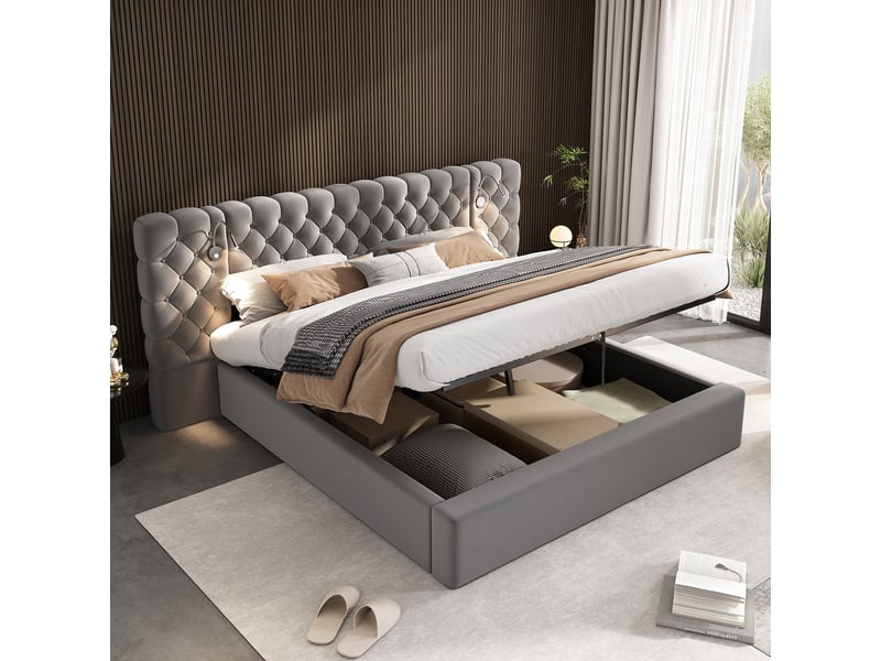  Lit adulte coffre 160x200cm avec espace de rangement, grande tête en velours, cadre à lattes inclus, gris, sans matelas  - Conforama E