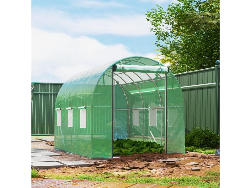  Serre tunnel de jardin 3 x 2 x 2 m avec porte enroulable et grandes fenêtres,en acier galvanisé et pe,vert  - Conforama D