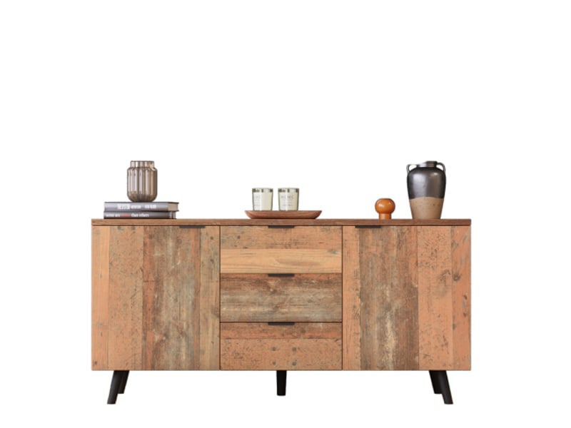  Buffet meuble tv vintage marron 140cm, étagères réglables, 3 tiroirs, armoire verticale, commode de rangement polyvalent  - Conforama A