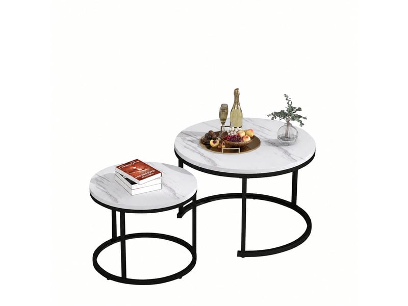 Lot de 2 tables basses rondes gigognes, plateaux mdf et structure métal, effet marbre blanc - Conforama A
