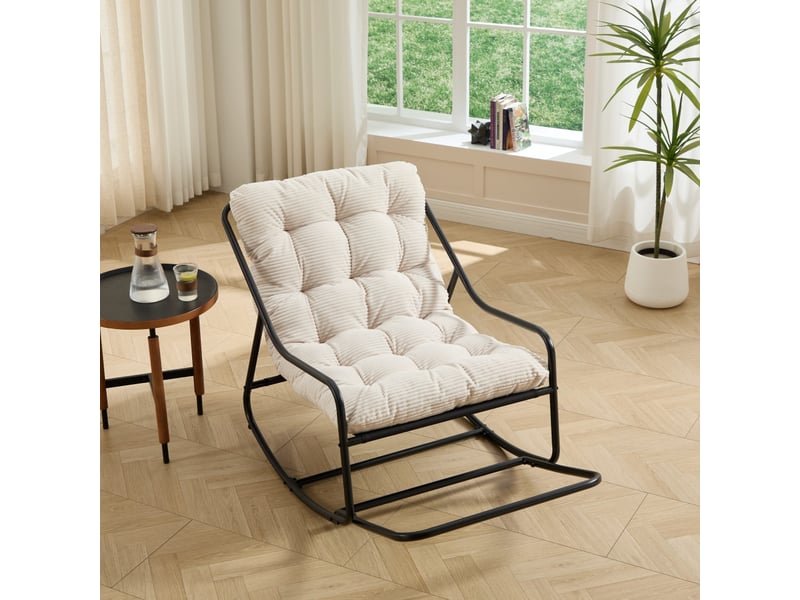  Fauteuil à bascule extérieur - 75x116x82cm - rocking chair de jardin avec coussin épais et moelleux - blanc et noir  - Conforama B