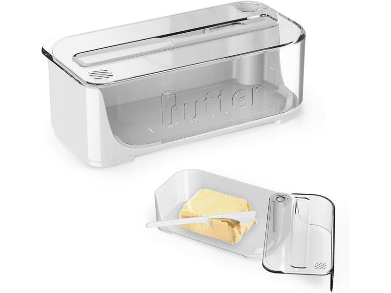 Beurrier en plastique style occidental - blanc, boîte à beurre hermétique avec couvercle transparent, pieds antidérapants & couteau inclus, beurrier GSO-000622 - Conforama A