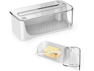 Beurrier en plastique style occidental - blanc, boîte à beurre hermétique avec couvercle transparent, pieds antidérapants & couteau inclus, beurrier