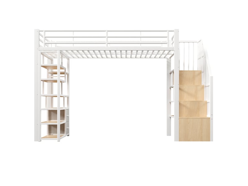  Lit surélevé 90 x 200 cm blanc, tiroirs en tissu, marches intégrées, garde-corps, led, rangement sous lit, sans matelas  - Conforama A