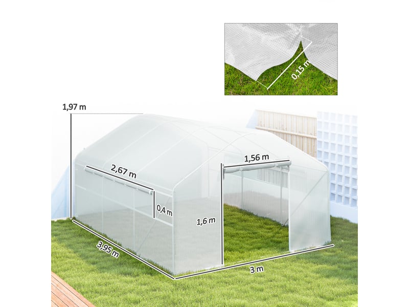  Serre tunnel 4 x 3 x 2 m avec 2 fenêtres, bâche en polyéthylène anti-uv et 1 porte enroulable zippée, blanche  - Conforama E