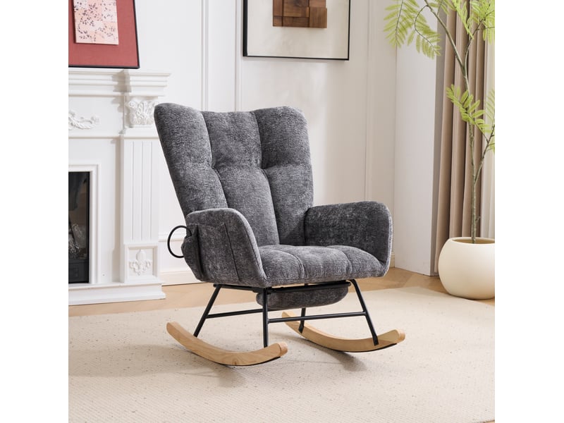  Fauteuil à bascule avec repose-pieds en chenille gris foncé  - Conforama D