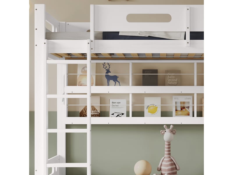  Lit superposé enfant 90 × 200 cm 2 places avec 2 tiroirs, étagères ouvertes et échelle 5 marches, sans matelas  - Conforama C